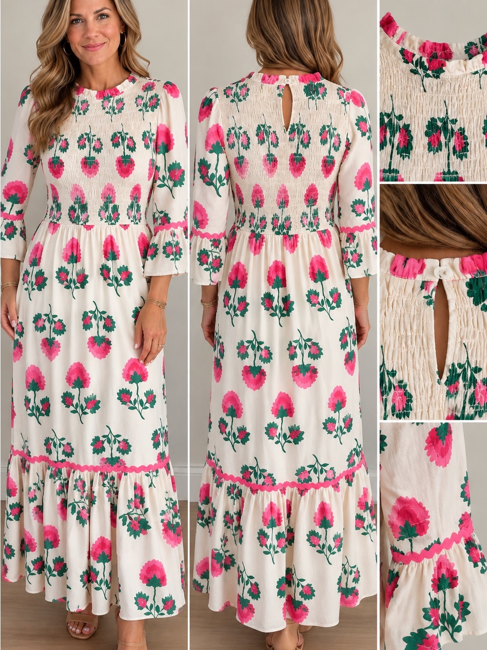 Mud Pie Cream Maxi Dress with Pink & Green Floral Print